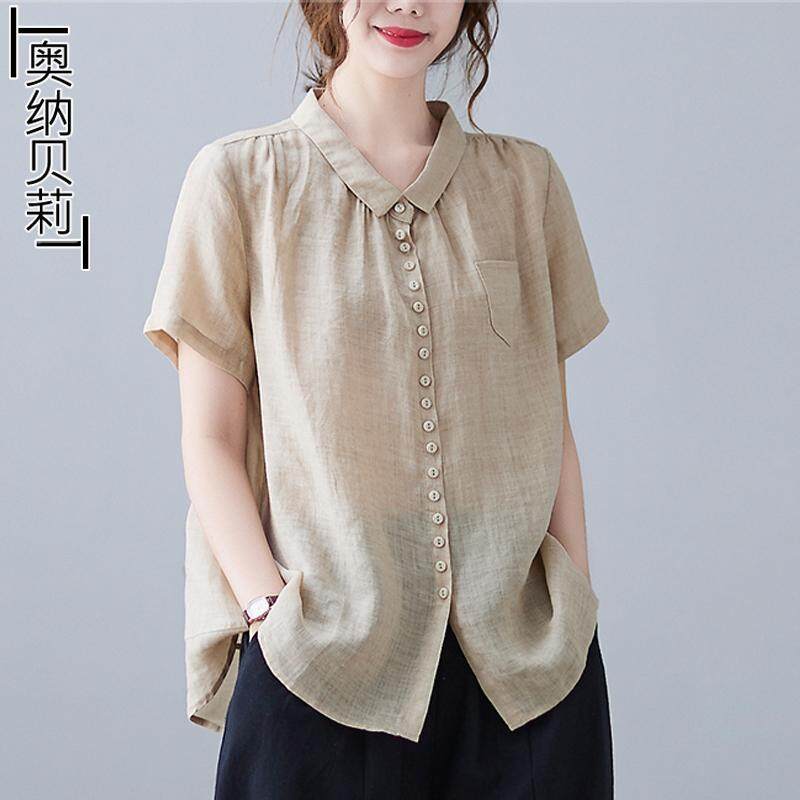 Cao cấp retro Áo sơ mi lanh và bông phụ nữ của tay ngắn mùa hè thanh lịch ve áo loose Casual Linen Áo sơ mi thời trang | Lazada.vn